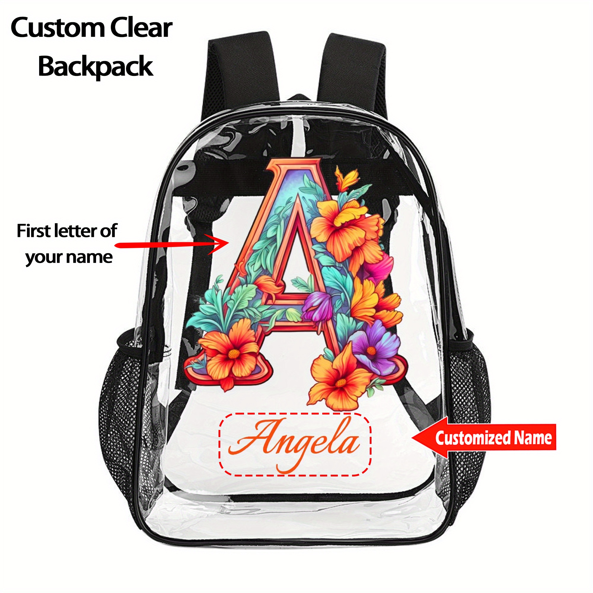 16 pvc clear backpack customizable fisrt letter name Temu