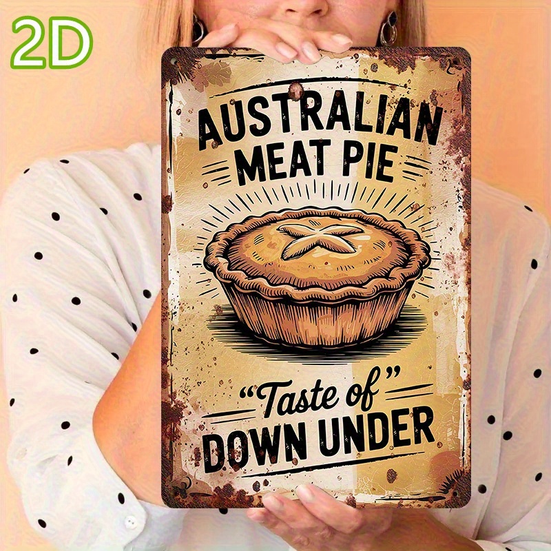 TEMU 2d Flat - [2d Flat] 1pc Australian Meat Pie Vintage Metal Welcome Sign - Rustic 29.97x19.81 Cm Wall Art, Traditional Country Style Decor For