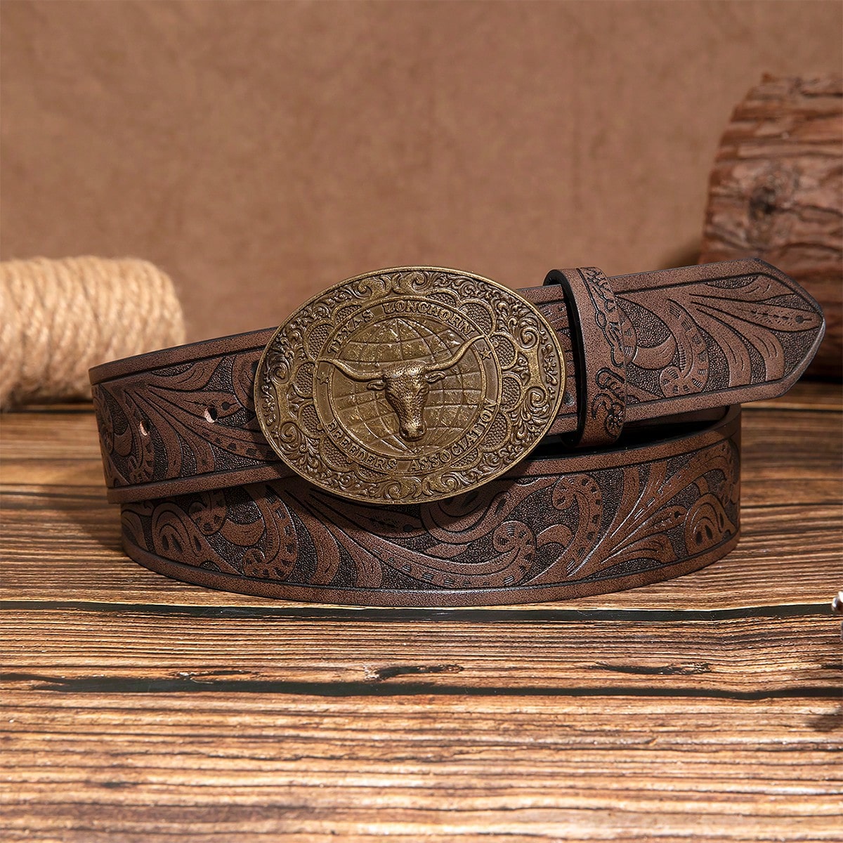 E-shop Herren-Gürtel in Kaffeebraun, Vintage-Western-Stil mit Stierkopf, runder Scheibe, bronzefarbener Metallschnalle geprägtem Blumenmuster,
