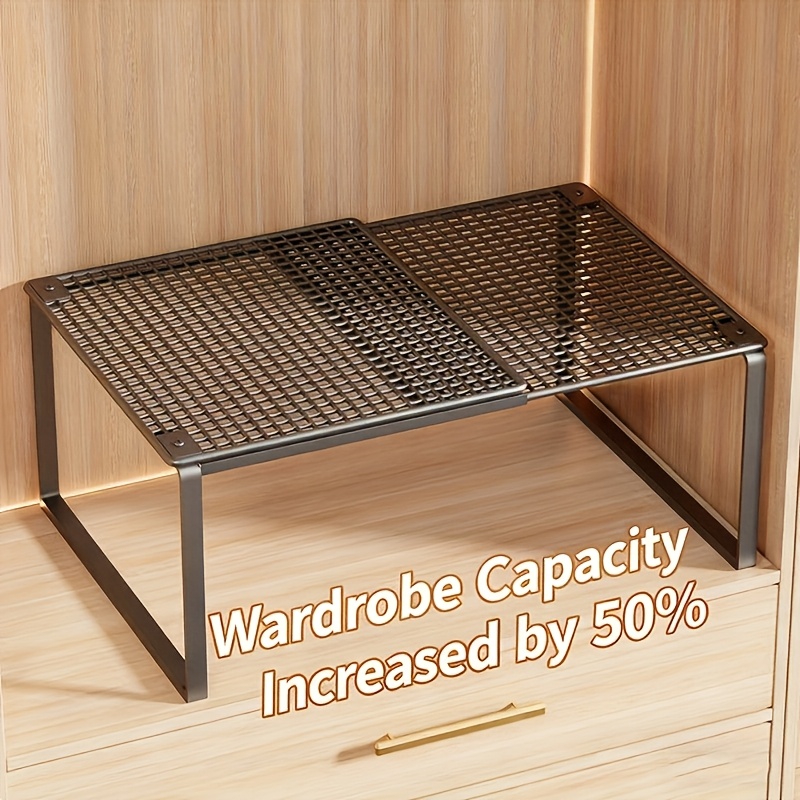 Expandable Adjustable Metal Cabinet Storage Shelf, Retractable Kitchen Counter Organizer Rack, Rustproof Mesh Stackable Storage Stand For Cupboard Pantry Plate Bowl Cookware Storage, Standing Shelf