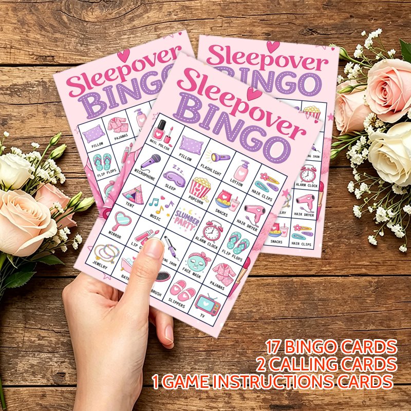 TEMU 20 cartes de bingo CMD, ensemble de 20 cartes de jeu de bingo pour fête de pyjama, kit de jeu de bingo sur le thème de sleepover avec 17 cartes