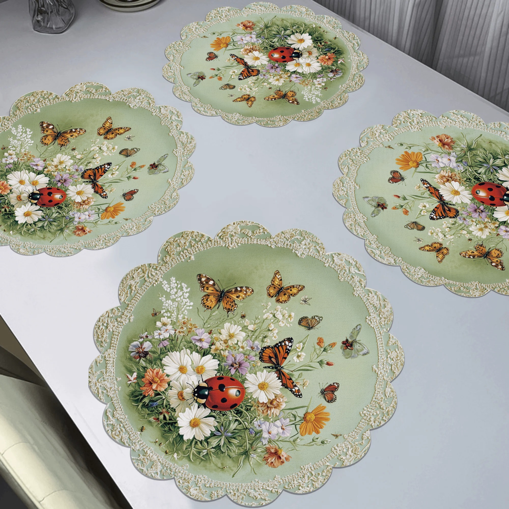 4pcs Ladybug And Flowers Pattern Round Waves Placemats, Spring Decor Placemats, Non-slip Fabric Table Mats, Heat Resistant, , Festive Decor For Dining And Party - 15"
