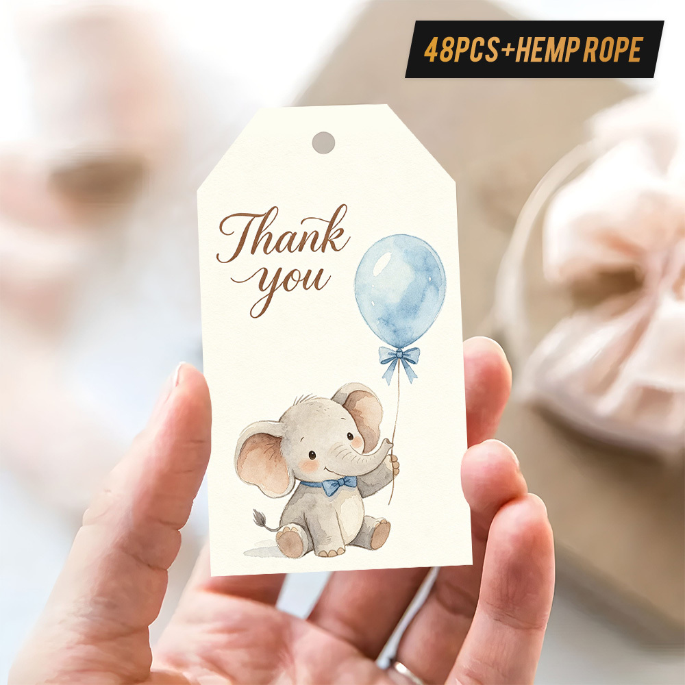 TEMU 48pcs Thank You Themed Gift Tags With Jute Rope, Featuring An Elephant Holding A Balloon Watercolor , Suitable For Gatherings, Favors, Occasions