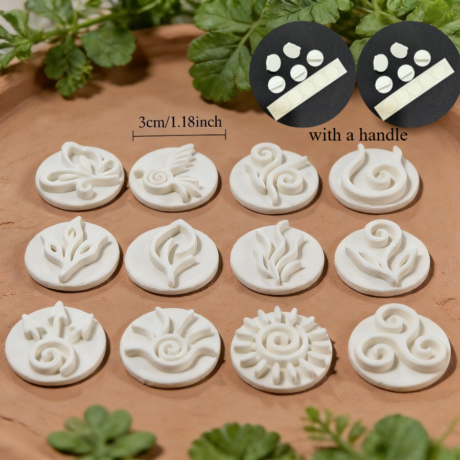 E-shop 12-tlg. (mit Griffen) Exquisite Formstempel, Polymer-Ton-Formen – Spirale, Blätter, Sonnensymbole, glatte Linien Elementformen, geeignet für