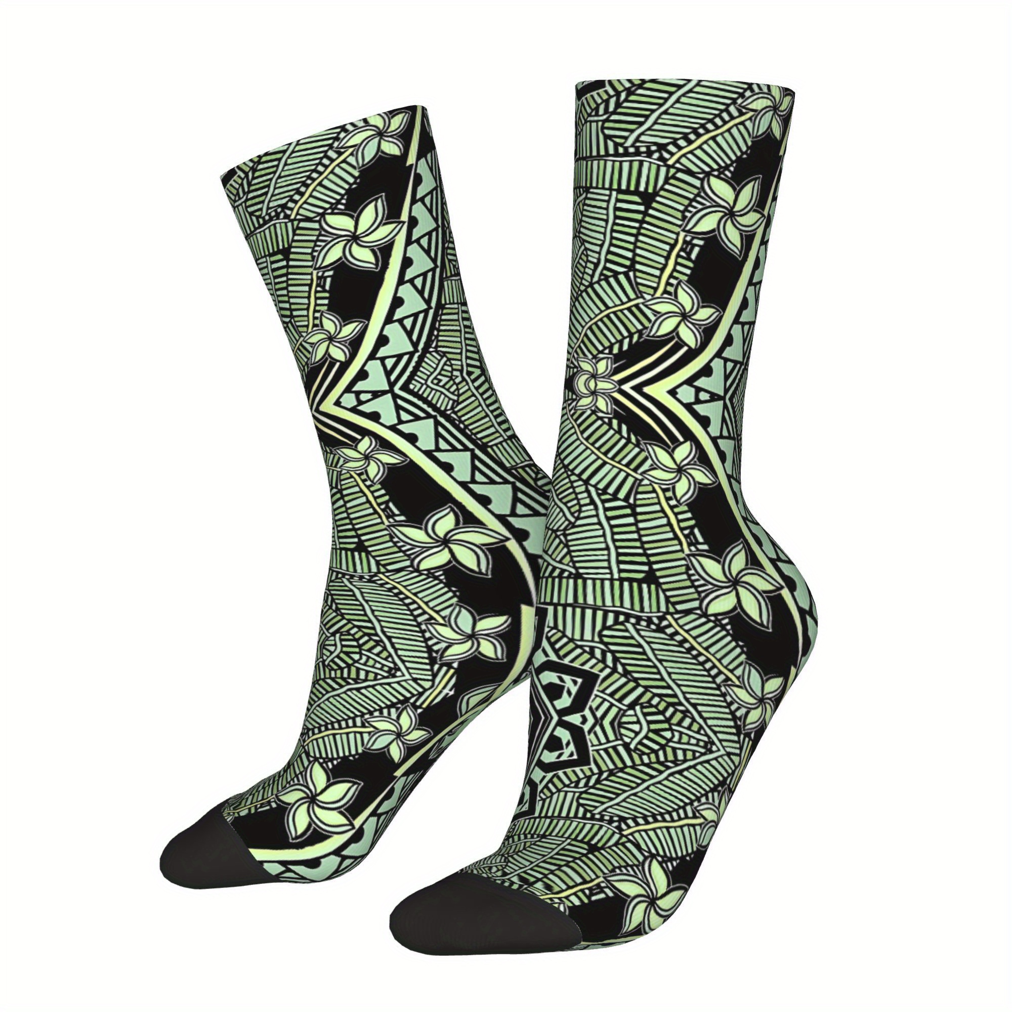 

1 Pair Samoa Men's Socks - Polyester Knit Fabric With Elastane, Print Pattern, Novelty Crew Socks For Spring, Summer, Autumn, Winter