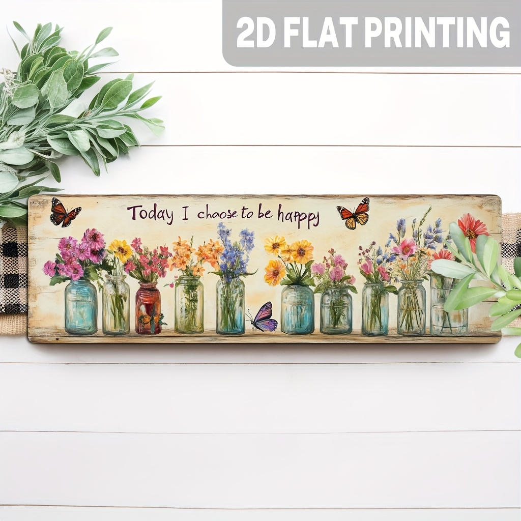 TEMU 2d Flat, 1pc Country Style "today Happiness" Wooden Wall Decor, Floral Mason Jar Design - Style, Suitable For Living Room, Bedroom, Kitchen