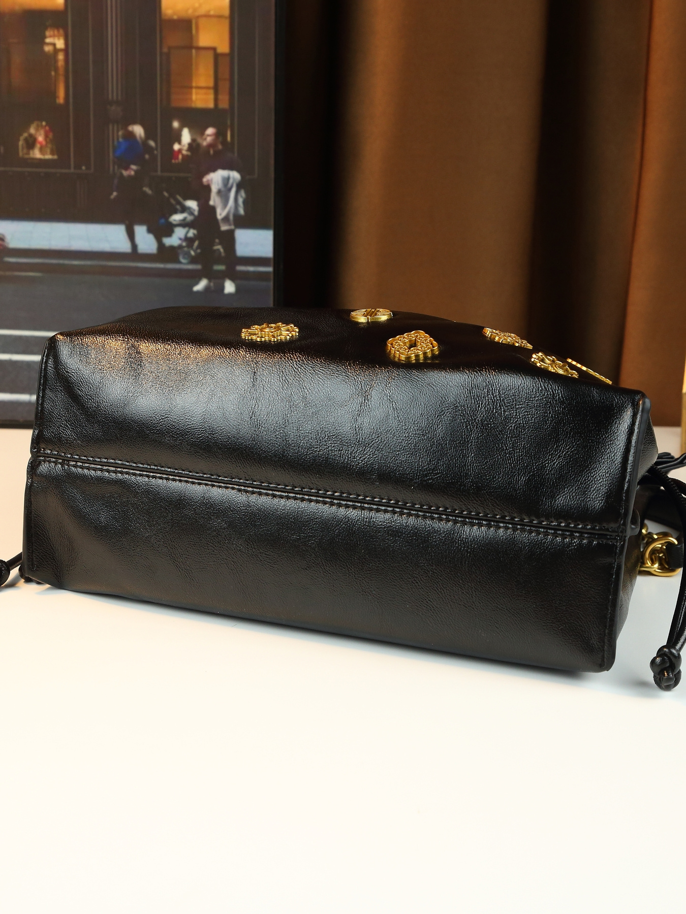 Black Drawstring Handbag open top view