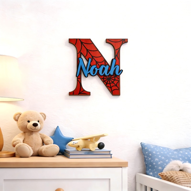 TEMU 2d Flat, 2d Single-layer Personalized Spiderweb Name Plaque â Custom Children's Room Wall Decor With Wooden Letters, Superhero Nursery Sign,
