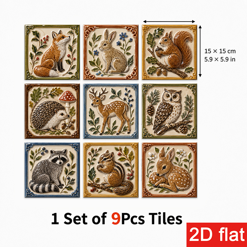 TEMU 2d Flat 9pcs 15x15cm (5.9x5.9in) Slate Tile Stickers Top-tier: Peel And Stick Wall Tiles With Vintage Woodland Animal Motif, Featuring Foxes,