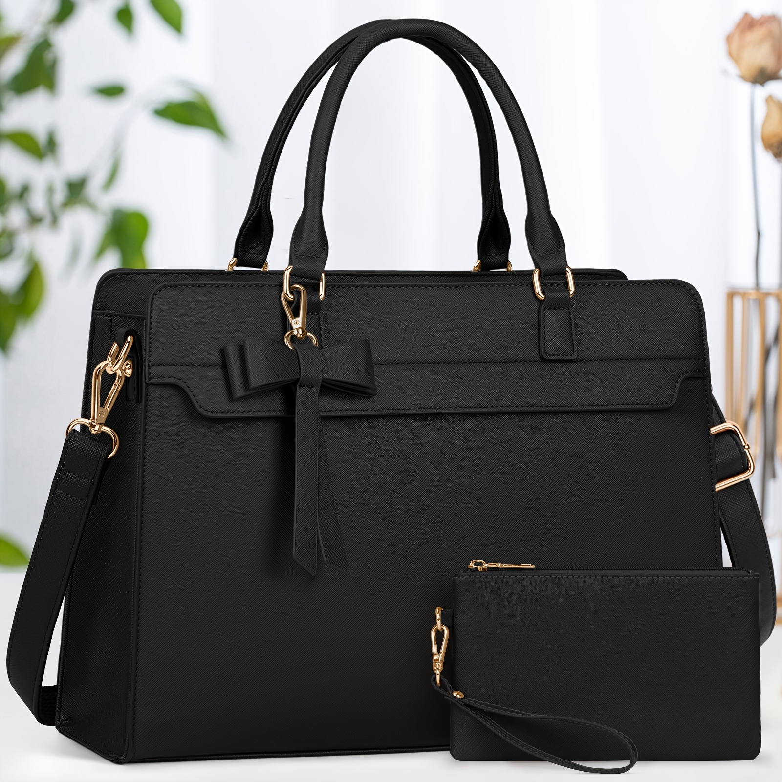 Image of Rainsmore Women's Handbag, Women's Shopping Bag, Women's Large 15.6-inch Laptop Bag, Women's Pu Leather Work Bag, 2pcs Set With Wallet, Business& Office, Campus, Black