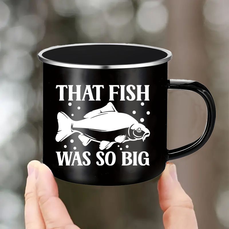 

1pc 12oz Black Enamel Fishing Humor Mug - "that Fish Was " Design With White & Gray Fish Illustration, Ideal Gift For & Outdoor Camping Coffee Cup