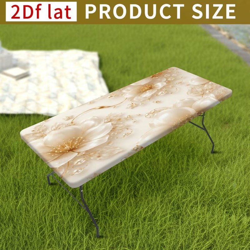 TEMU 1pc Elegant Beige Floral Stretchable And Washable Tablecloth, Durable Polyester Rectangular Table Cover, Suitable For Camping, Picnics,
