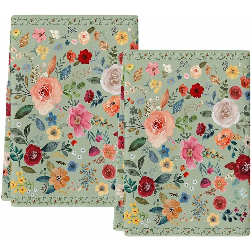 

2pcs Vibrant Floral Kitchen Towels - , Absorbent Polyester Hand & Dish Towels, Sage Green With Roses, Peonies & , Ideal For Home Decor & Housewarming Gifts, Machine Washable, Dish Towels For Kitchen