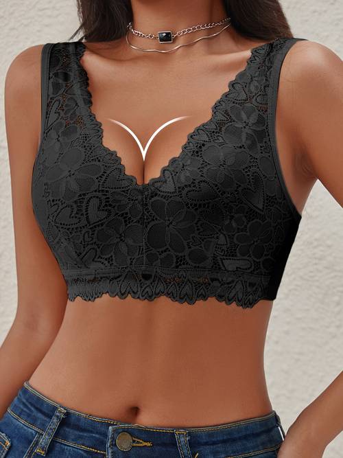 1 stück, sport-bh, ohne bügel, blumen-spitze, unifarben, gerafft, vollständige abdeckung, elegant, hohe elastizität, atmungsaktiv, für den , für alle jahreszeiten