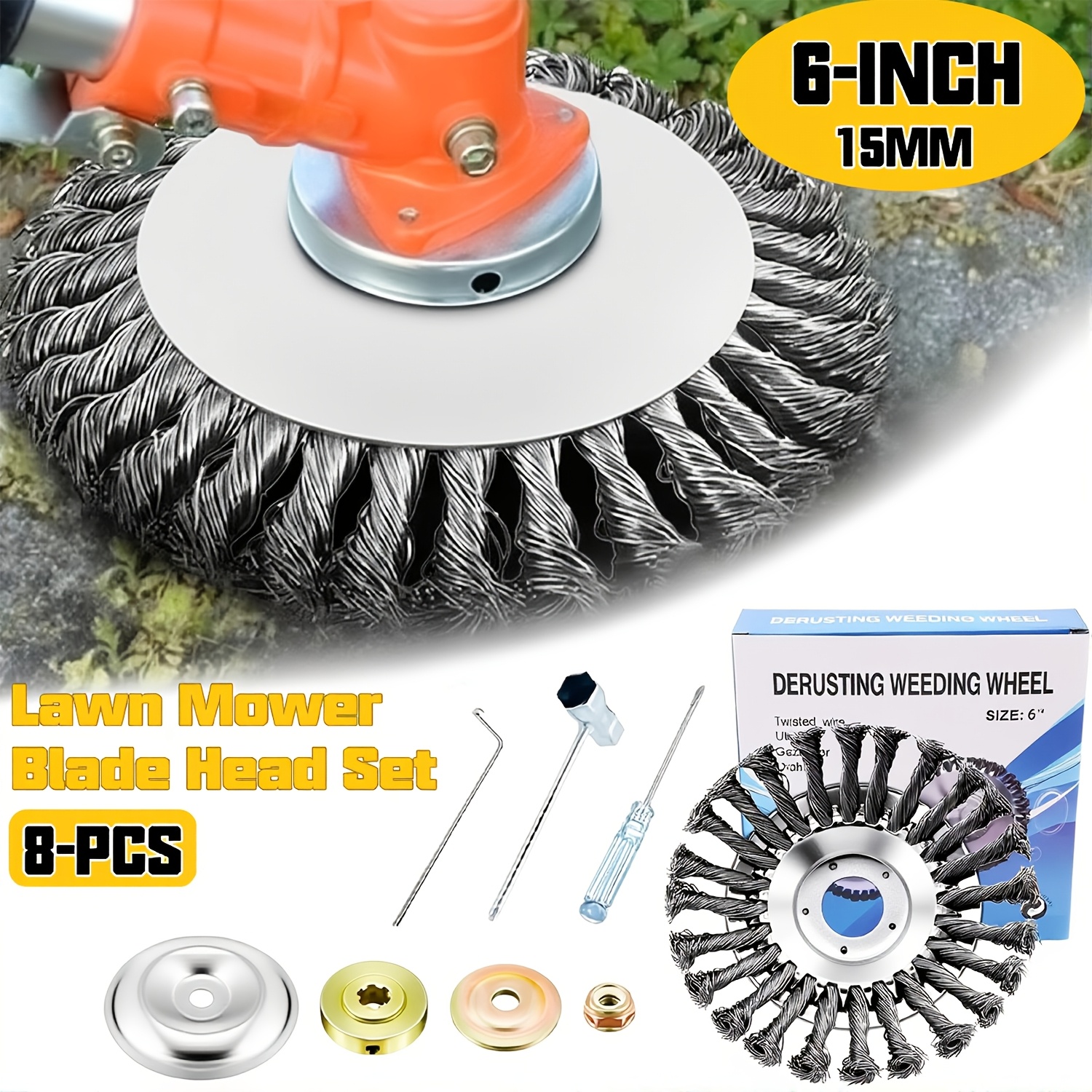 Image of 8pcs Lawn Mower Blade , Including Durable Steel Wire Brush Head And Conversion Joint Kit, Steel Wire Wheel Weeding Brush Blade Head, Rotating Brush Head Additions For Lawn Mowers
