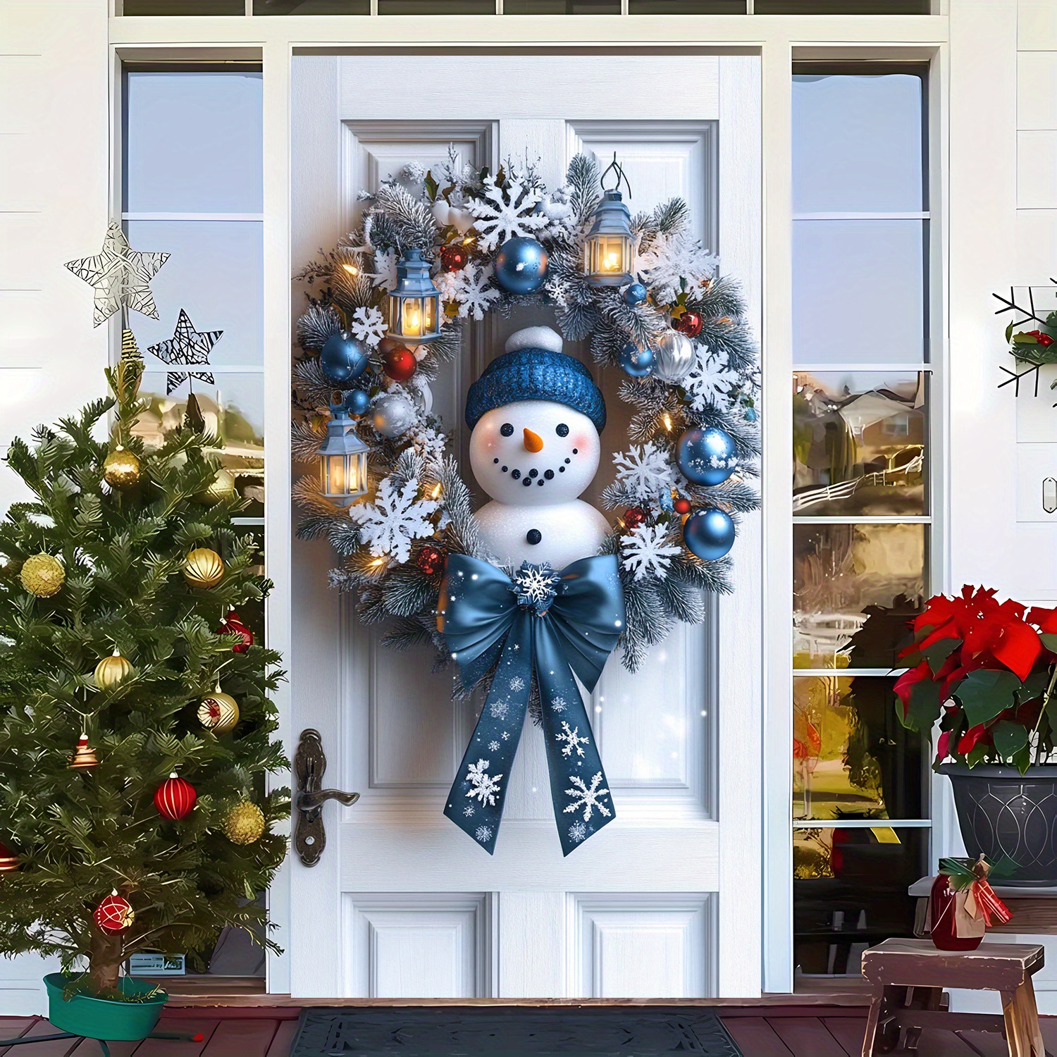 

2d Door Banner 1pc Polyester Snowman Door Wreath, 35.4 X Inches, No Power Needed, Indoor/outdoor Holiday Hanging Decor For Christmas Party