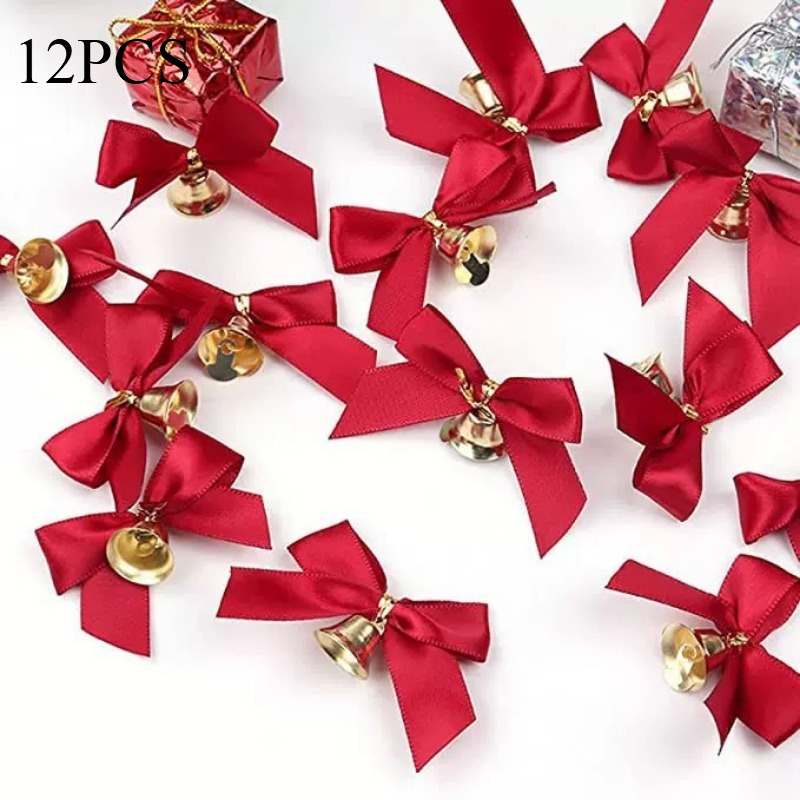 TEMU 12pcs 12pcs Golden Knot Bells With Bows & Bells - Plastic/resin Christmas Tree Ornaments Suitable For Holiday Decorations, Gift Box Accessories,