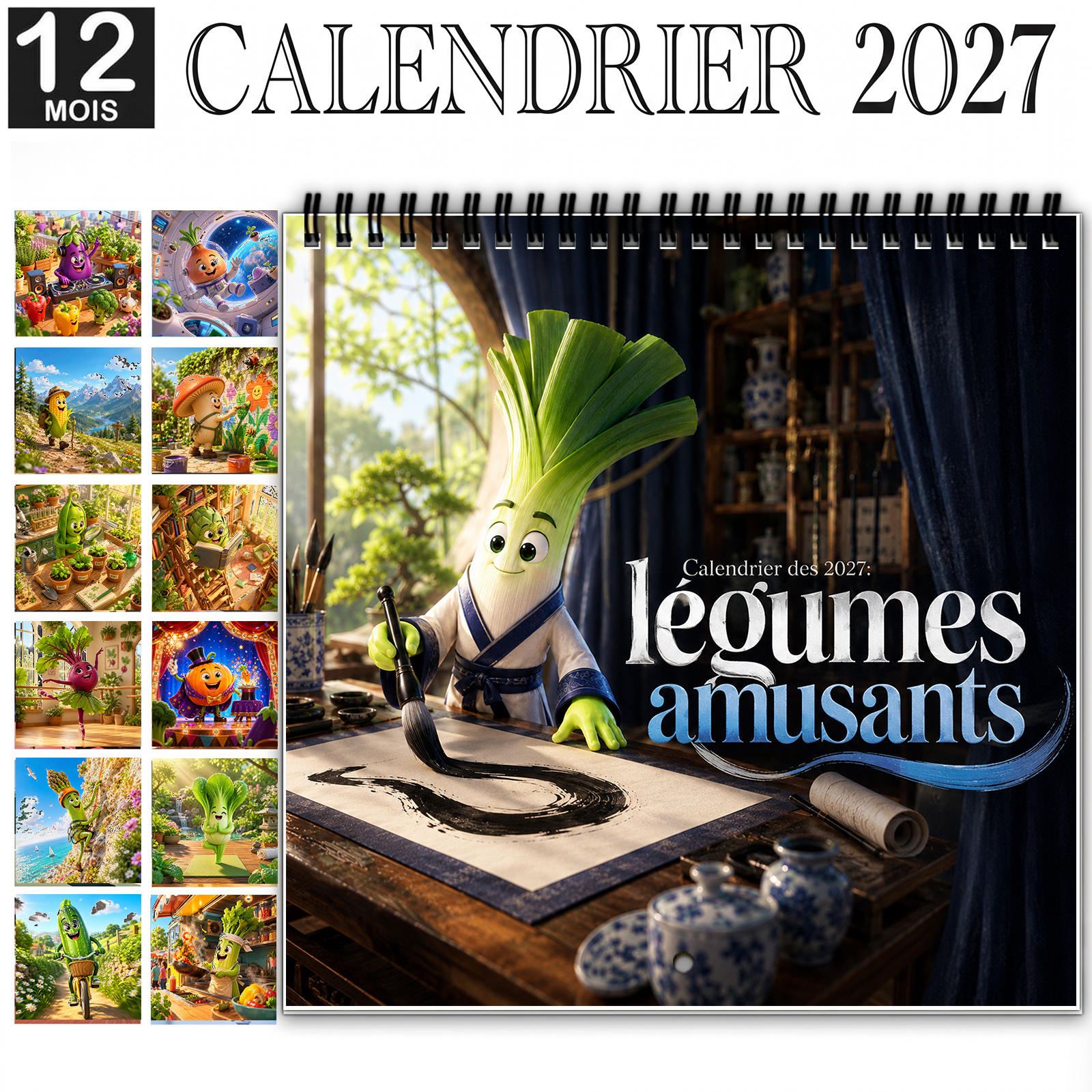 TEMU 2027 Calendrier mural humoristique des légumes, calendrier de dessin à reliure spirale de 12 mois avec grands de date inscriptibles, papier