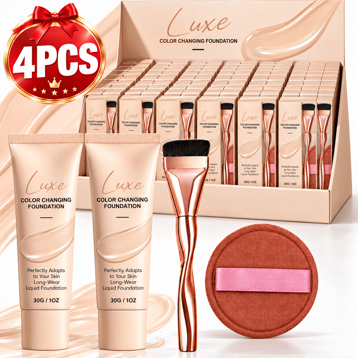 TEMU 4pcs Foundation Set 2 Bottles 30ml Color Changing Foundation Brush 1 Beauty Sponge Designed For Mature Skin Long Lasting Hydrating Foundation
