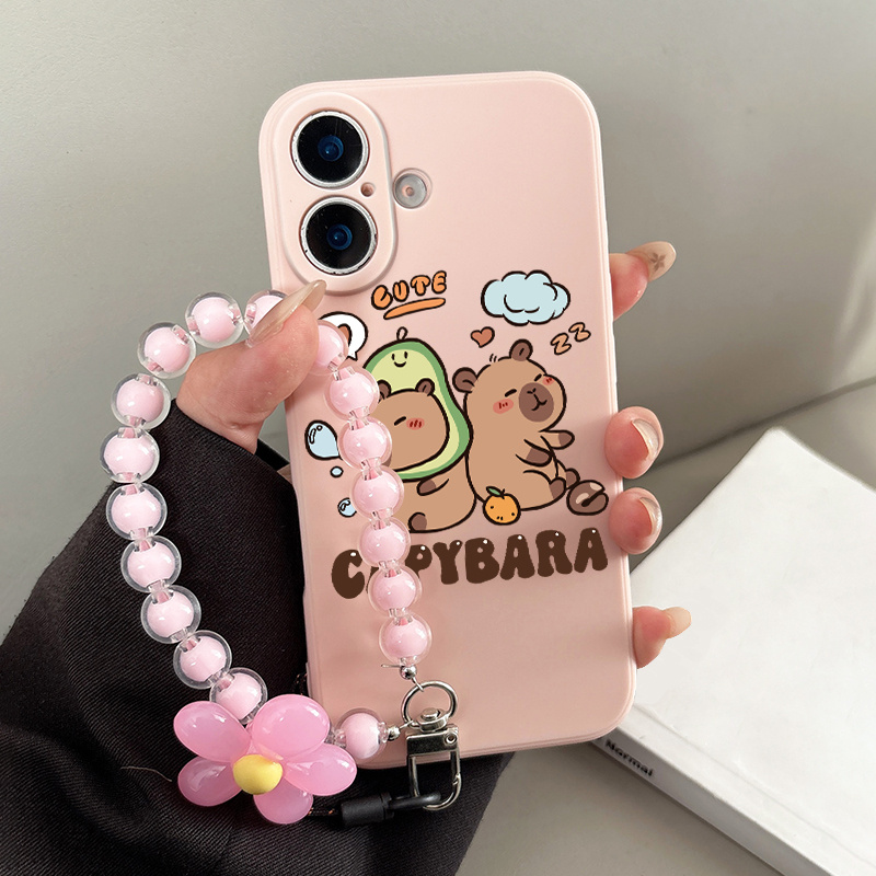 TEMU Phone Case - 2026 New Compatible With For Iphone 17 Pro Max Stylish And Creative Multi-functional Cute Capybara Design With Pink Beads Hanging