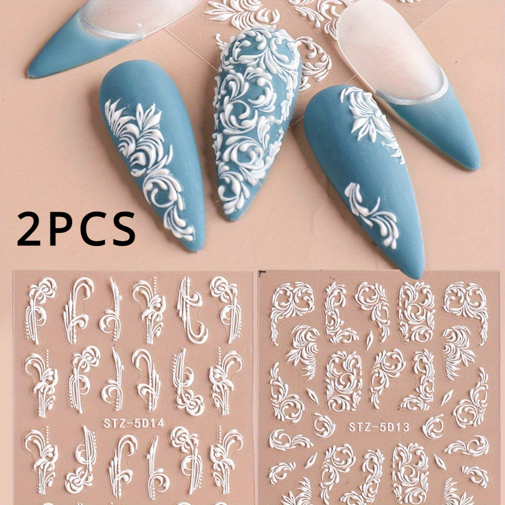 Image of 2pcs 5d Embossed White Flower Nail Stickers - 3d Floral & Striped Diy Nail Art Decals, Easy & Stick For Nails, Temporary Manicure/pedicure, Plastic