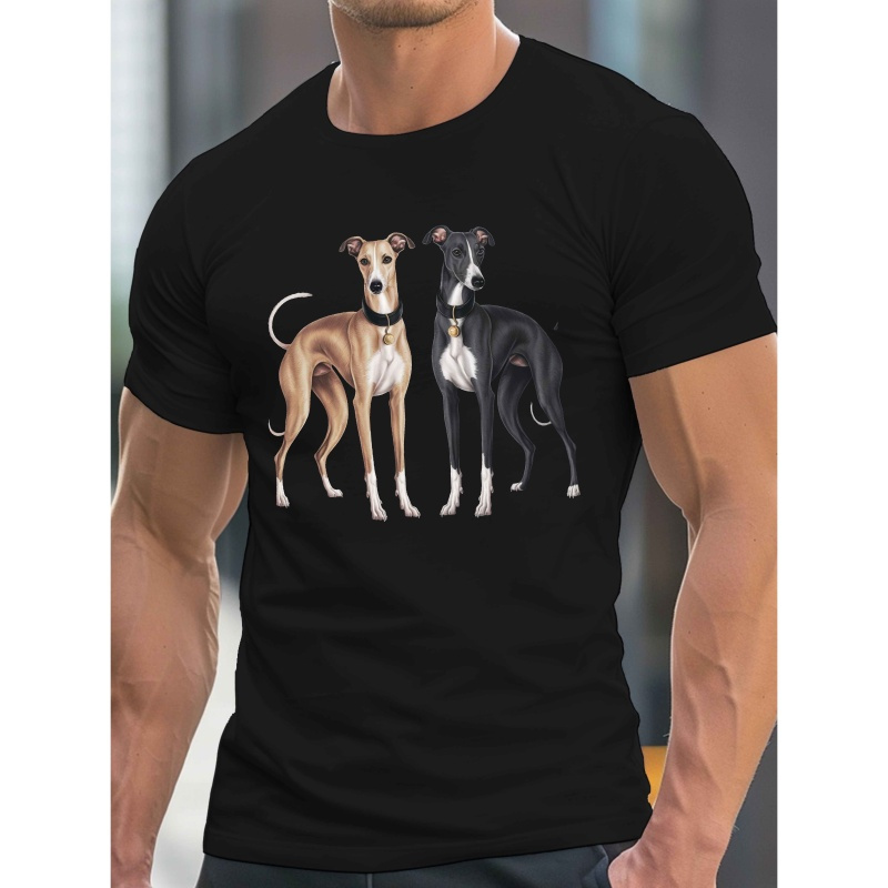 

1pc Greyhound Dogs Print Men's T-shirt - Casual Crew Neck Short Sleeve Tee, Polyester Knit Fabric, Regular Fit, Lightweight Summer Top