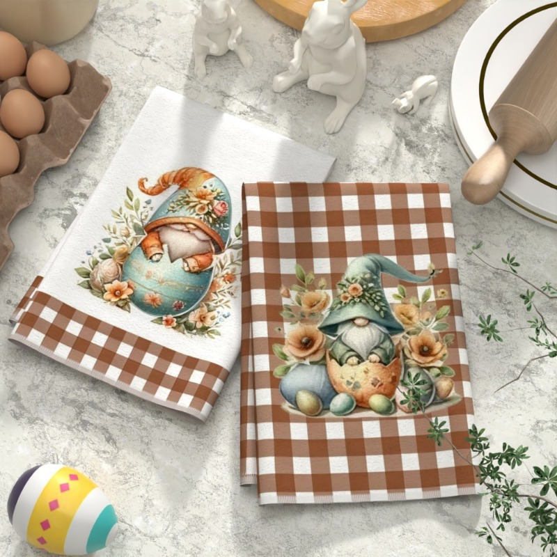 2pcs whimsical easter gnome & floral egg design kitchen towels - 45.72x66.04cm soft, absorbent polyester dish towels with brown checkered borders - ideal for spring decor, hand & face towels in kitchen or bathroom details 1