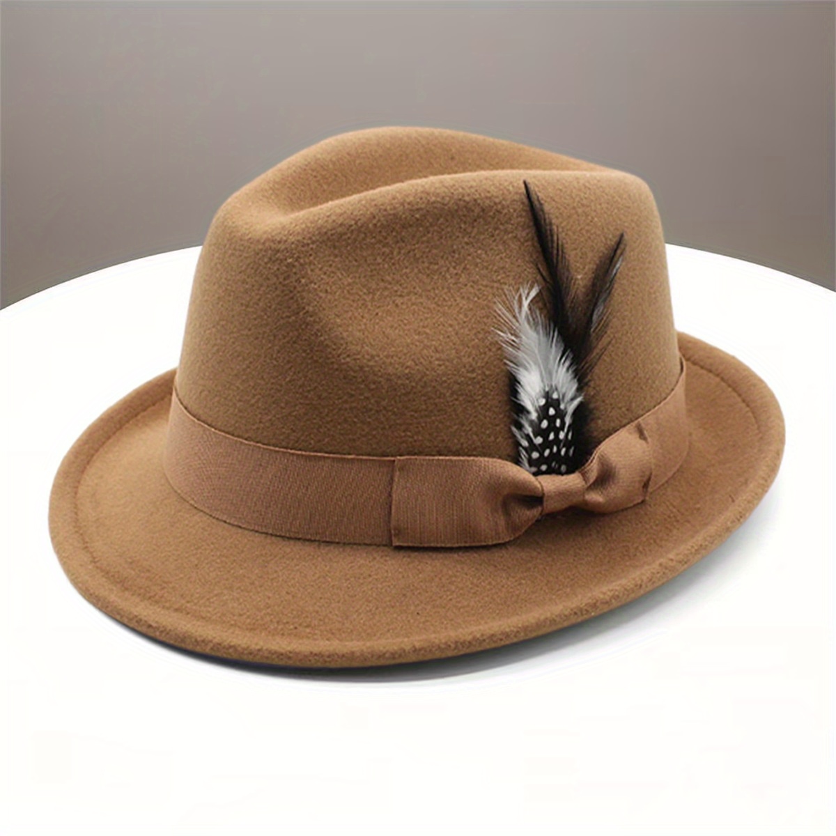 elegant brown vintage-style fedora hat with feather  display picture 1