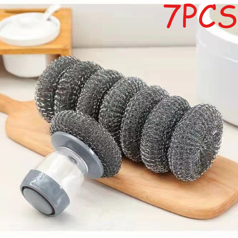 TEMU Ensemble de 7 pièces : 1 brosse à casserole rechargeable + 6 boules de rechange. Brosse à récurer à casserole à recharge automatique à pression.