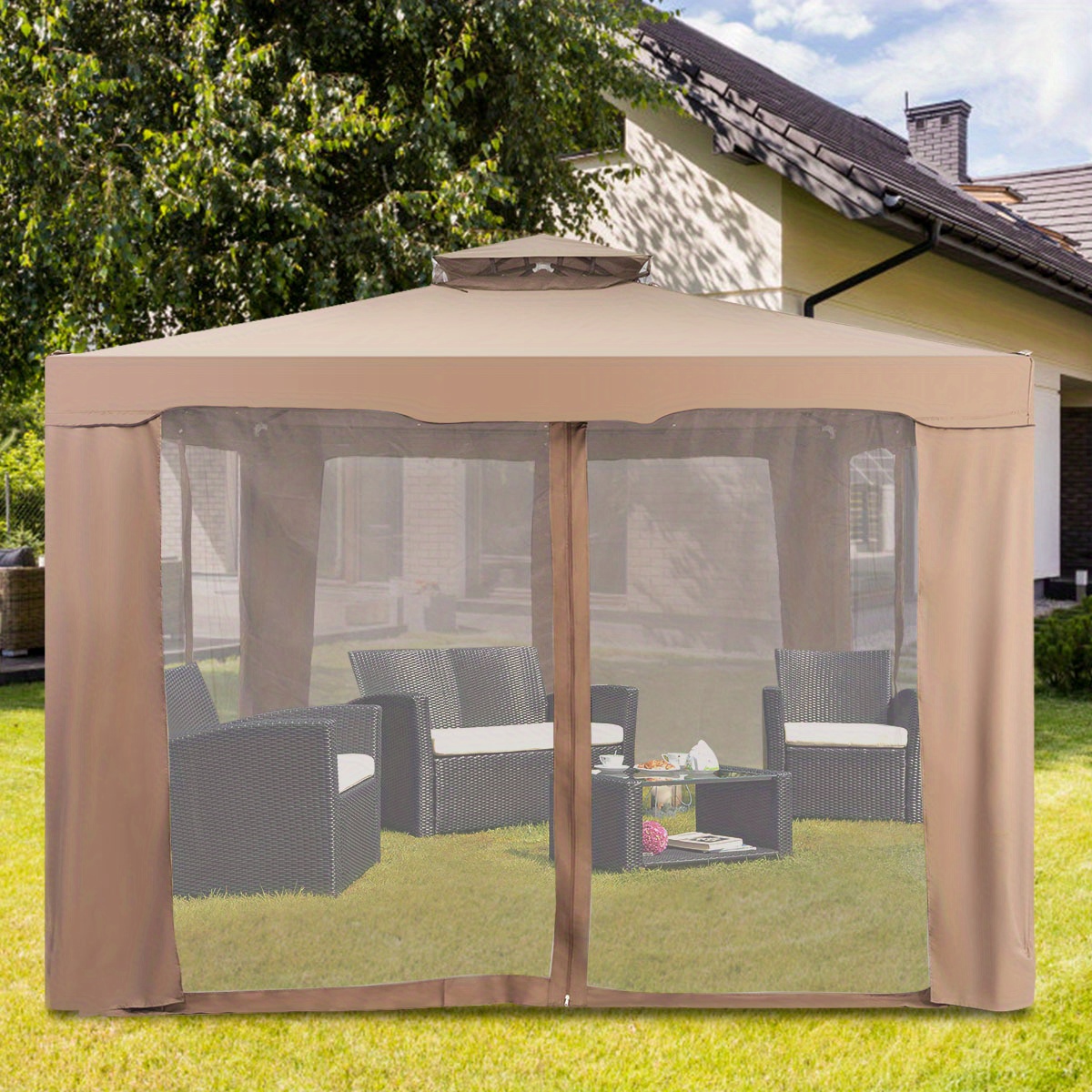 

Costway 10'x10' Coffee-colored With Mosquito Netting - Waterproof, Double-tier Roof For Airflow, & Polyester Fabric, Ideal For Outdoor Patio & Garden Use, Outdoor Tent