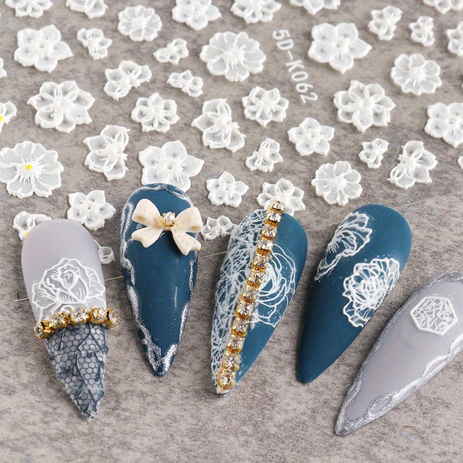 5d Embossed White Lace Floral Nail Stickers
