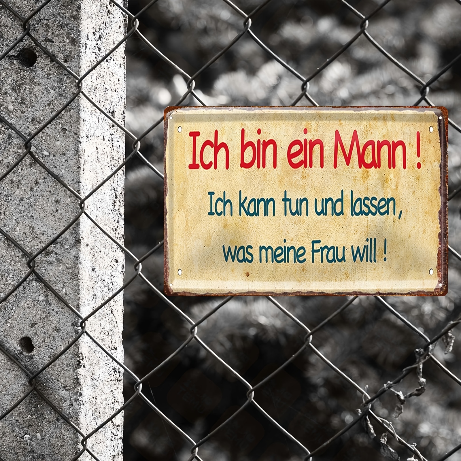 E-shop 1 Stück 2D-Flachmetall-Schild, , Retro-Stil, Rechteckig, Wandhängend, Deutsche Sprache, Humorvolle Zitat "A für Mann kann tun, was meine Frau