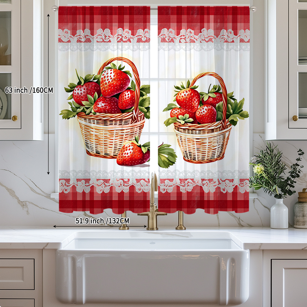 TEMU 2d Flat, 2-panel Set, Lace Trim Print, 2 Large Baskets Of Strawberries, Fruit Pattern, Red, Harvest Color, Translucent Polyester Chiffon Sheer
