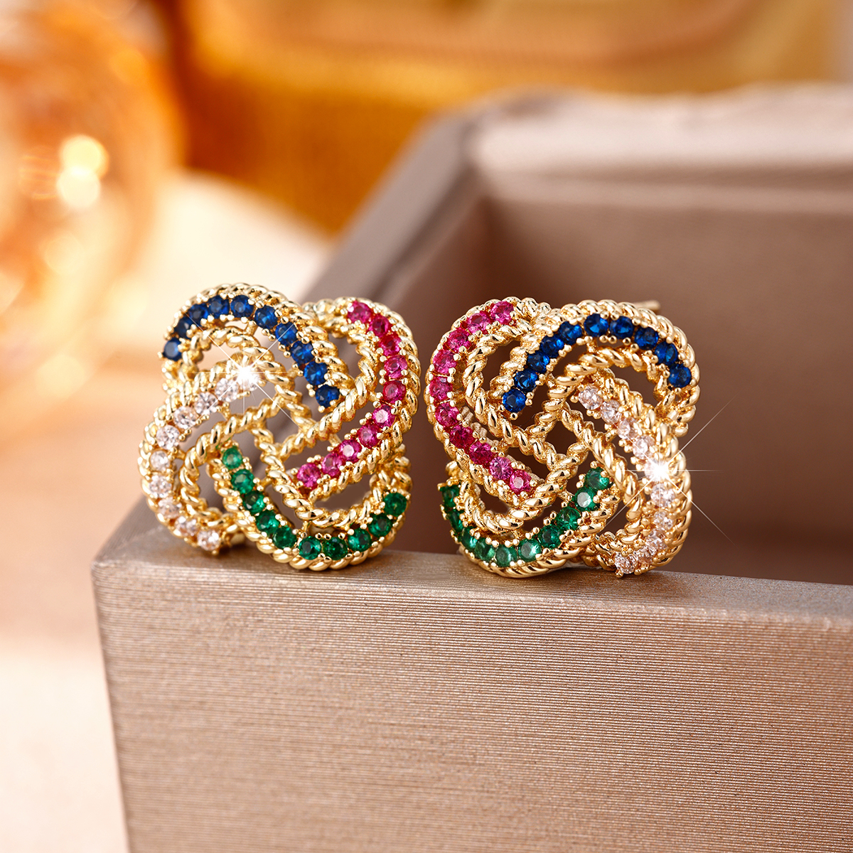 TEMU 1 Pair, Three-color Synthetic Zirconia Woven Stud Earrings For Women, Blue-pink-green Contrasting Color Twisted Design Earrings, Light Luxury