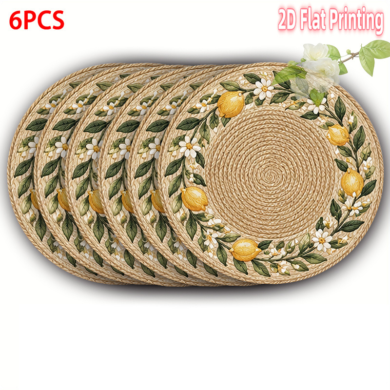 TEMU 4-6-8 piezas de individual para con estampado 2D, diseño de mimbre sintético con flores de limón en , tapetes de mesa de poliéster de 15