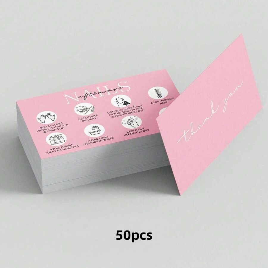 TEMU 50pcs Pink White Nail Aftercare Cards 3.5x2.13 Inch Eyelash Manicure Maintenance Cards Nail Client Thank You Handouts