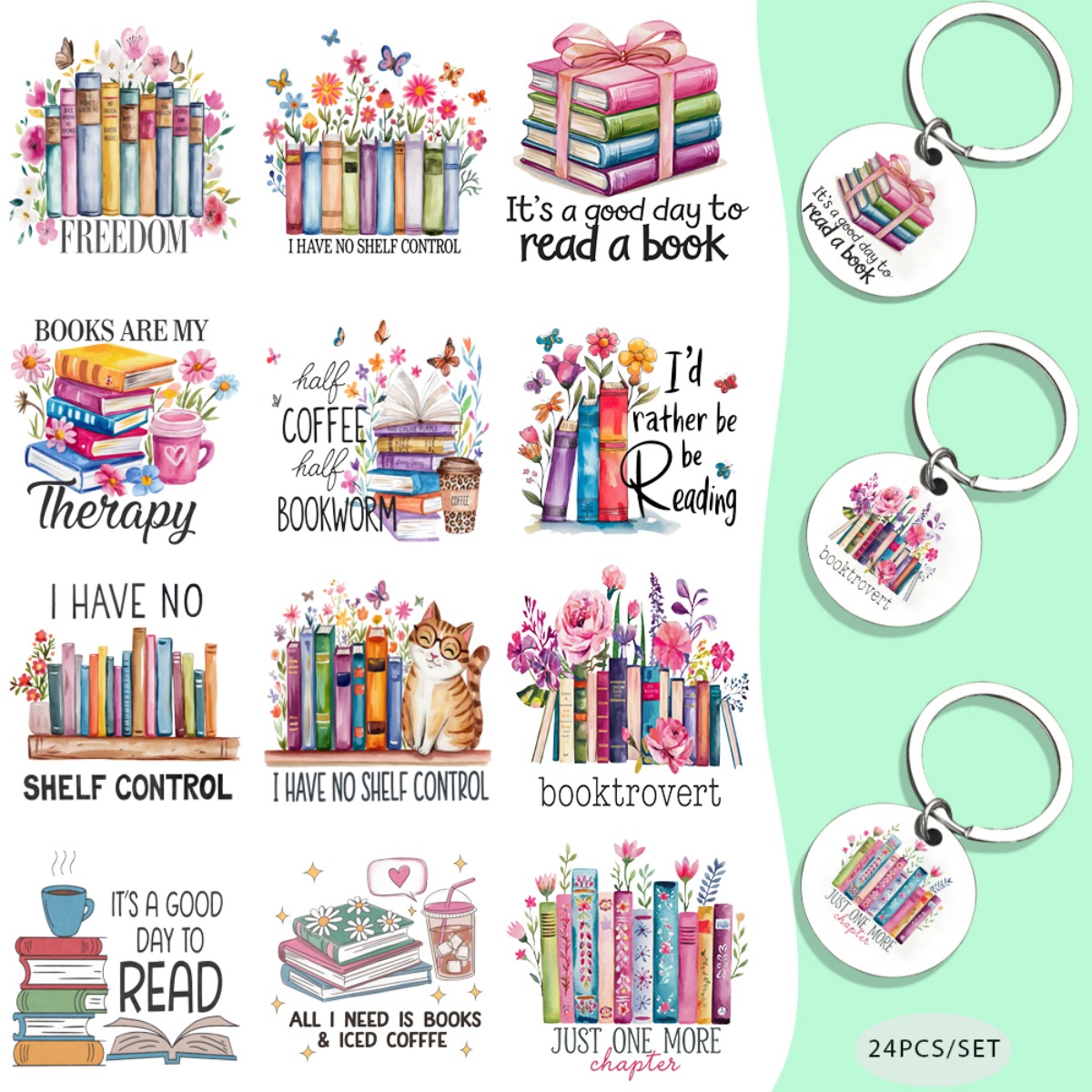 TEMU 24pcs/Set Ensemble Amoureux des Livres Thème UV DTF Porte-clés Papier de Transfert - Motif Étanche, Décoration d'Ordinateur Portable Excellent