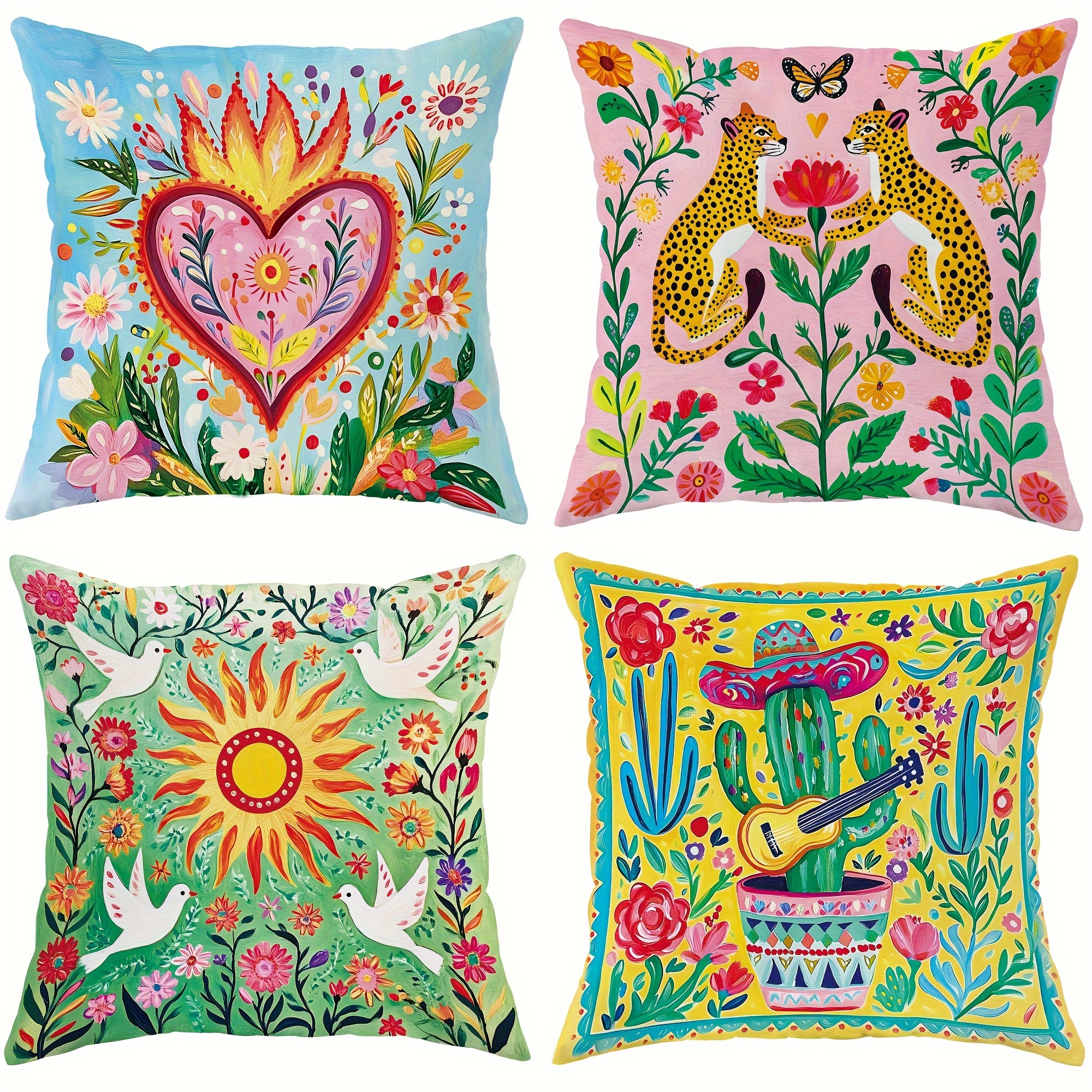TEMU 4 housses de coussin bohèmes mexicaines avec de fleurs passionnées, cactus, léopard et soleil, style moderne, douces et confortables, fermeture
