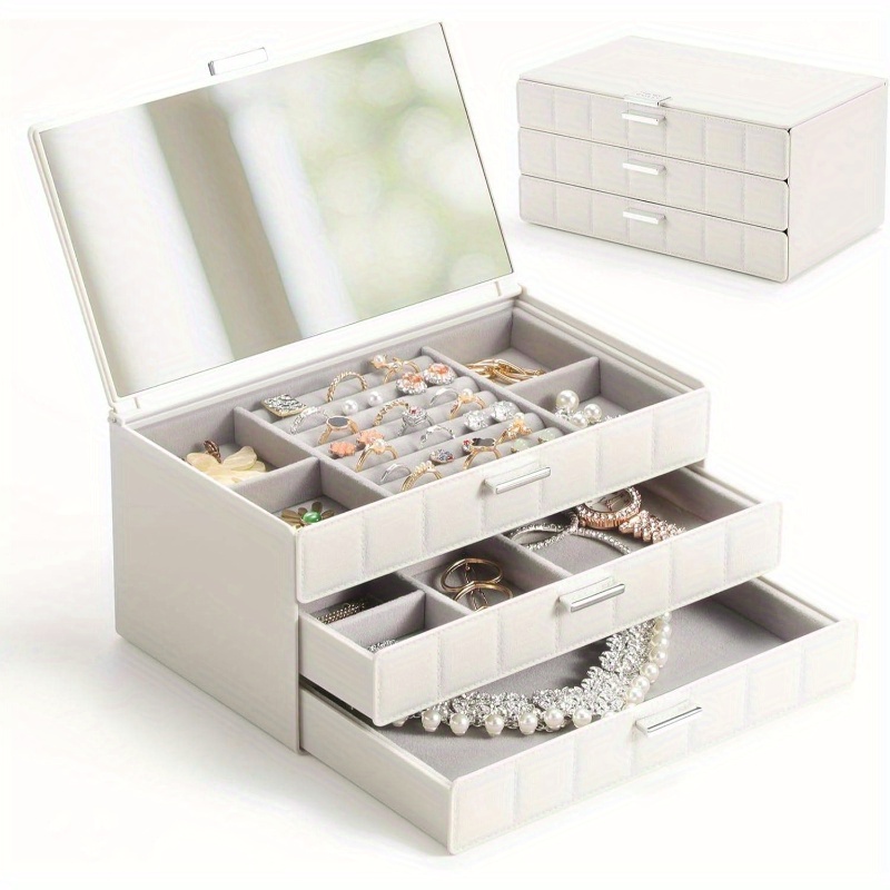 women s large jewelry box organizer with   - waterproof & dustproof heavy-duty plastic construction, white   leather-like texture, golden-  hinges & clear drawers - medium size with soft cushioned compartments for earrings, rings, necklaces, bracelets storage -     for home or travel, large jewelry organizer storage, jewelry box, jewellery box packaging, jewelry storage organizer, small jewelery holder Product details 0