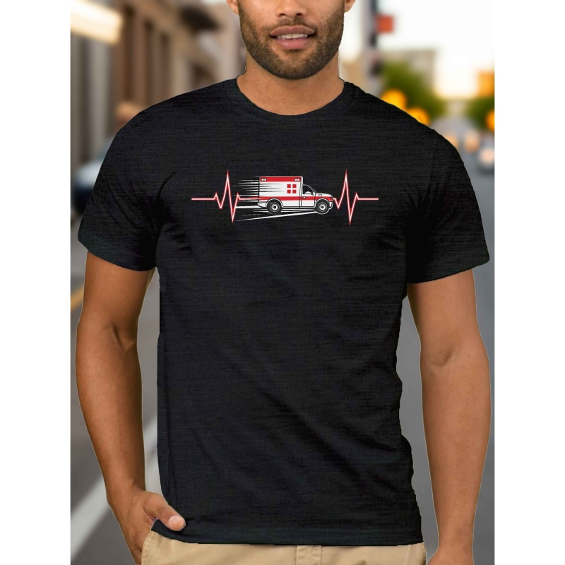 

Ambulance With Heartbeat Men's T-shirt, Casual Short Sleeve Summer Tee, Machine Washable, Regular Fit, Crew Neck