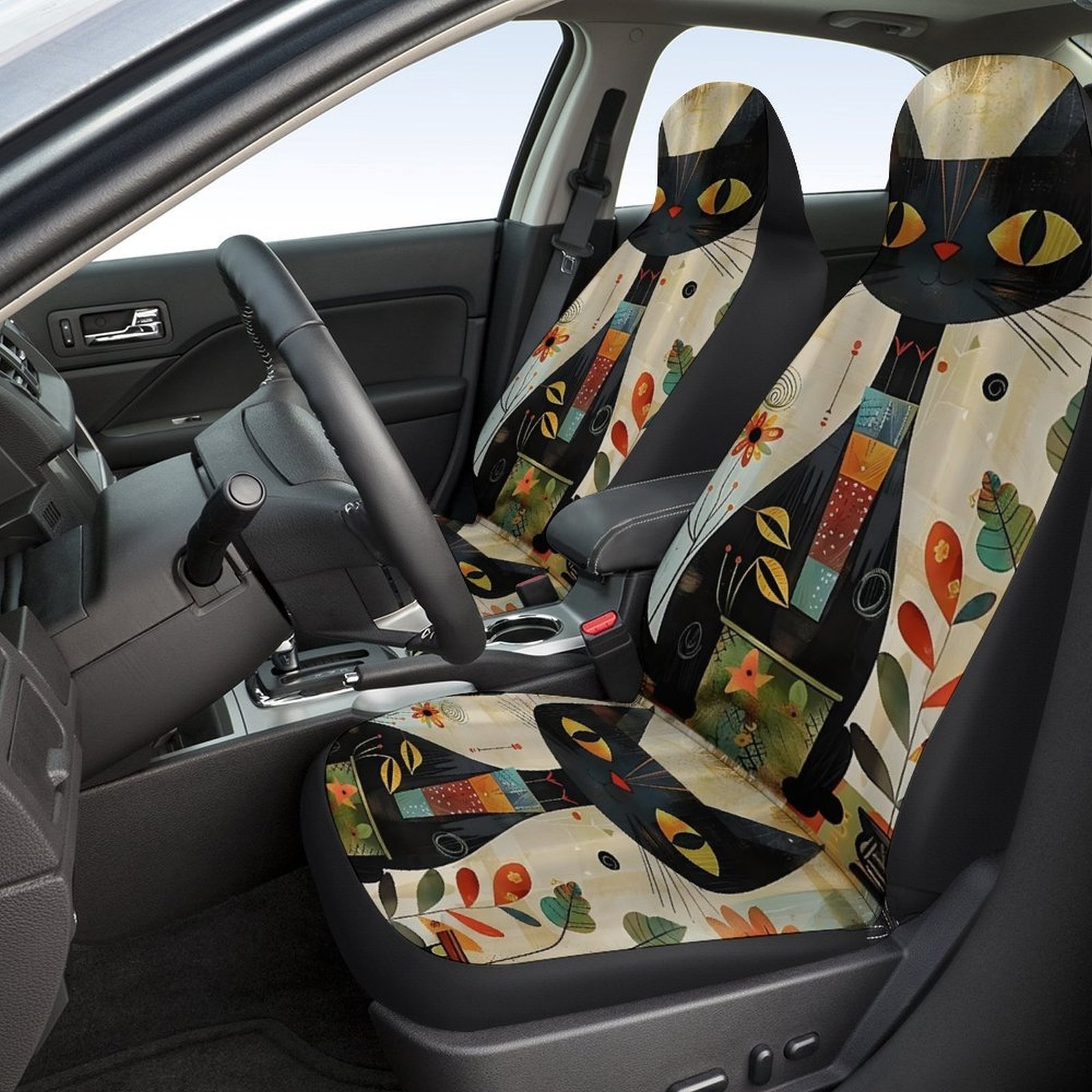 Set Of Seat Covers For Featuring An Of A Black Cat And Geometric Patterns. Non-slip, Breathable Covers Are Made From High-quality Fabric, Machine Washable