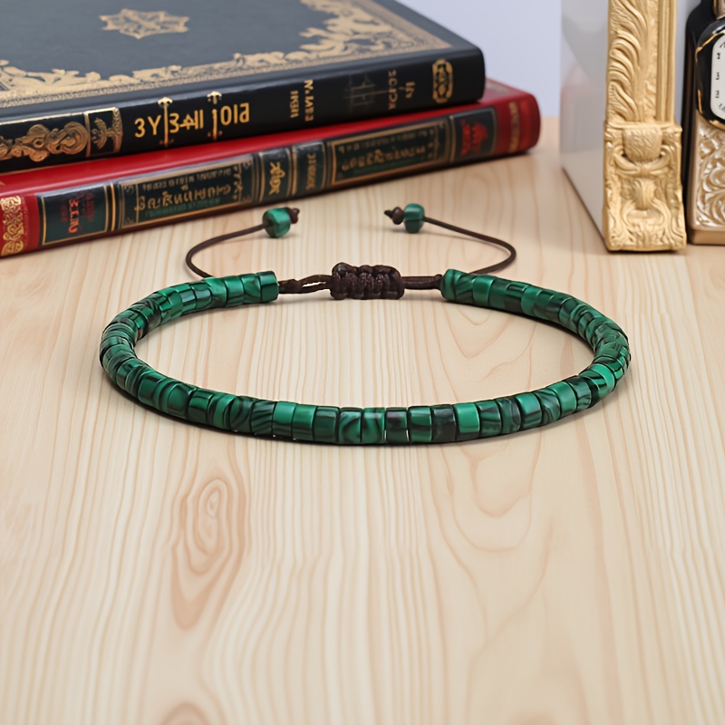 TEMU 1pc Bohemian Handmade Beaded Bracelet | Adjustable Green Malachite Stone Beads, Symbolizing Faith, Purity, , Peace, Balance & , Daily Wear,