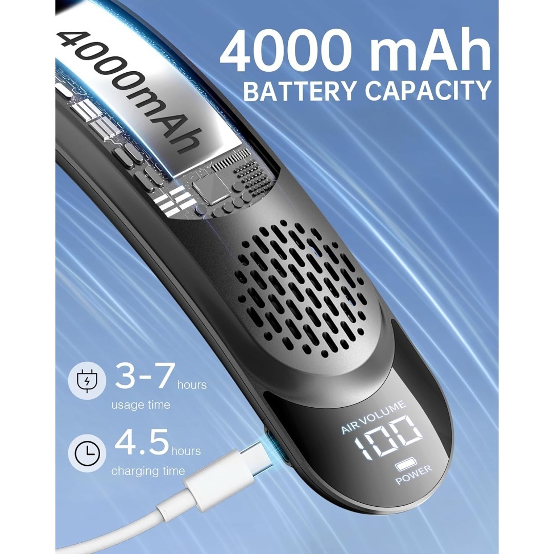 3 Turbo No Leaf Neck Fan - 4000mAh USB Rechargeable, 3 Speeds 360° Cooling Airflow with LED Display, Hands-Free Wearable Fan for Summer Heat Relief at Home/Office/Travel, Perfect New Year & Valentine's Day Gift for Women Men