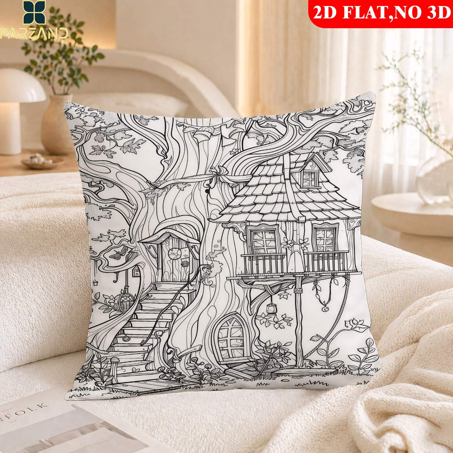 TEMU 2d Flat 1pc Pillowcase Vintage Coloring Treehouse Pillowcase Family Pattern, Pillowcase For Sofa, Bedroom, And Study, Comfortable And Soft