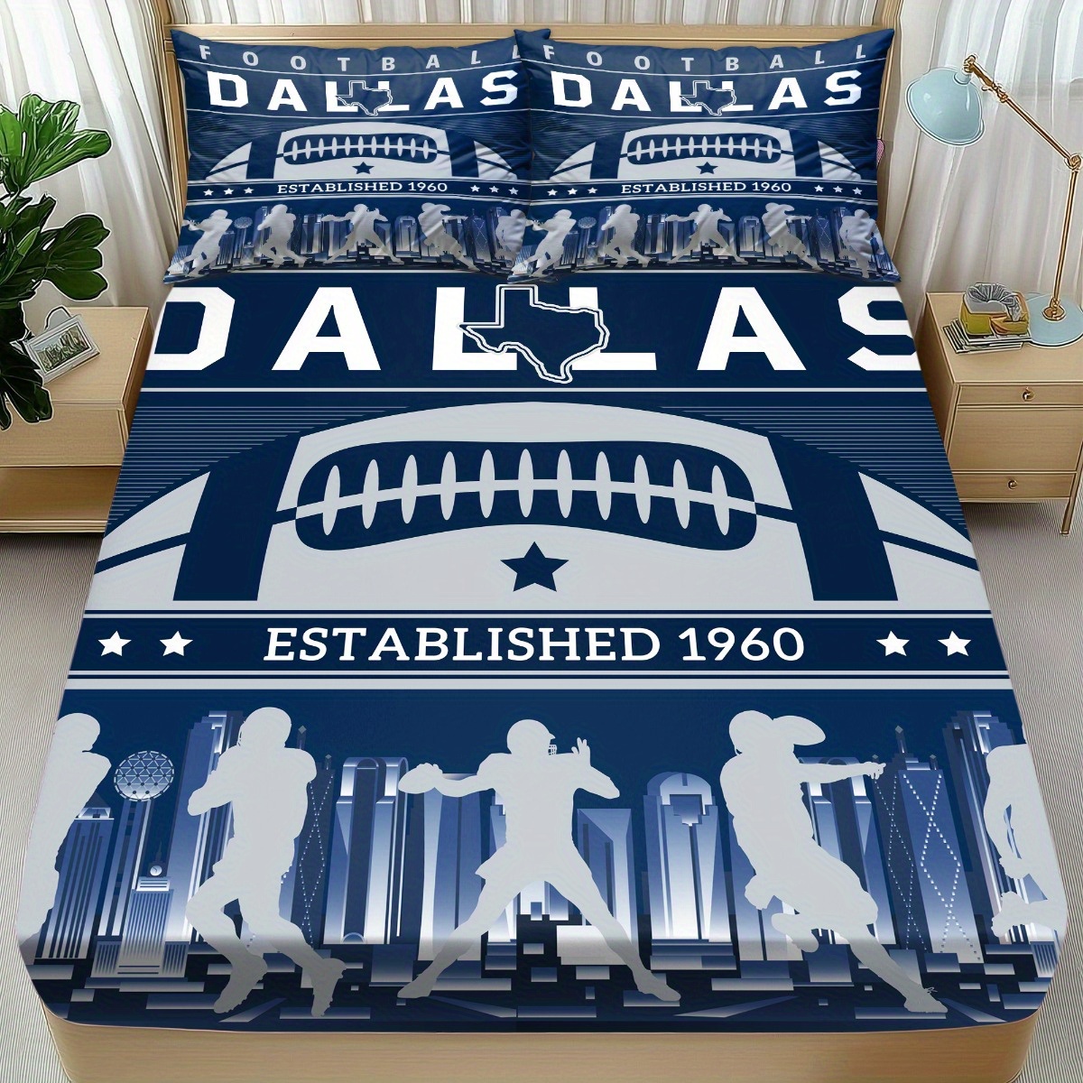 TEMU 3pcs Dynamic Dallas Football For Team Themed Fitted Sheet Set, Soft Comfortable Breathable Modern 1pc Fitted Sheet + 2pcs Pillowcases, Bedroom