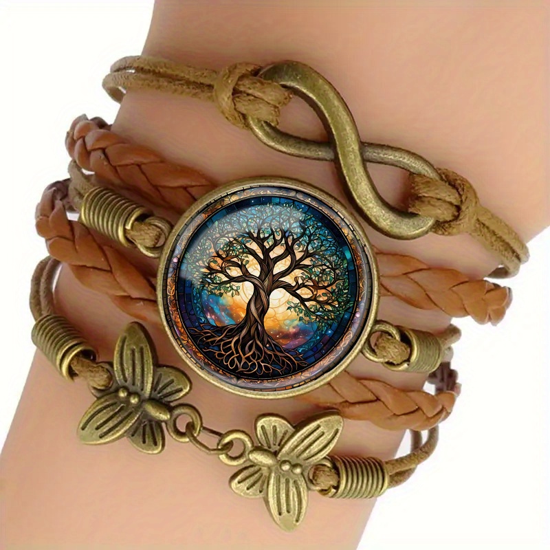 Bohemian Mandala Infinity Bracelet - Adjustable Fashion Accessory, Pu Leather Painted Style Of Well-developed And Branches, Brown Braided Style, Suitable For Casual Wear Or Gift, Everyday Bracelet