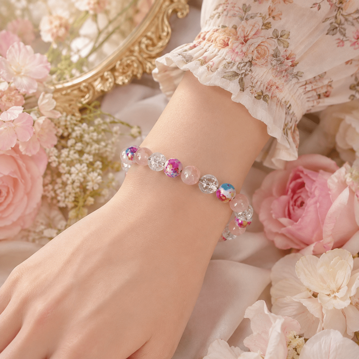 Wealth Bead Bracelet with Rainstone & Pink Agate