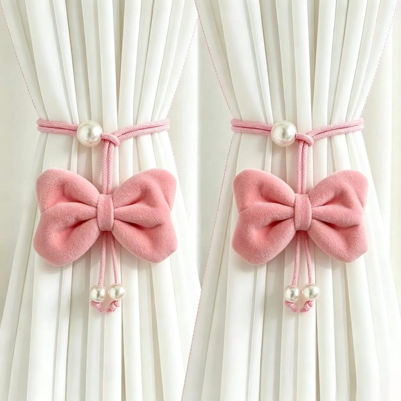 TEMU 2pcs Velvet Bow Curtain Ties, Adjustable Pearl Curtain Ties Without Drilling Holes, Suitable For Curtains, Bedroom, And Living Room Home