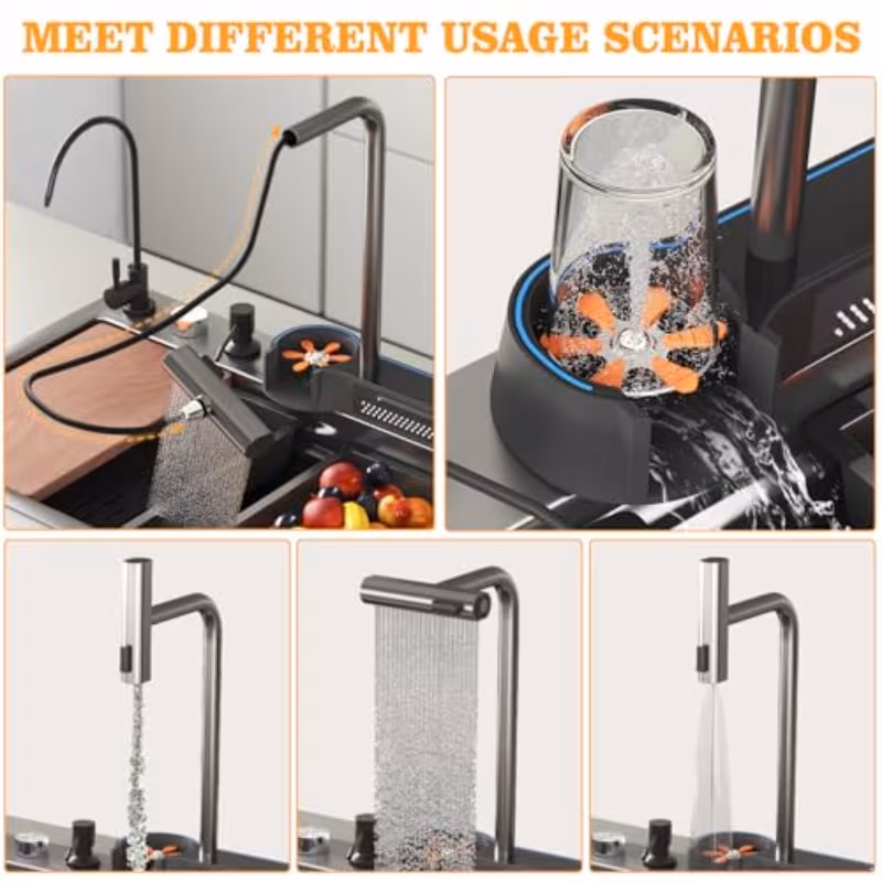 33x22x10in black smart kitchen sink ambient light multifunction waterfall kitchen sinks 8 gauge metal black stainless steel single bowl workstation sink with soap dispenser Product details 4