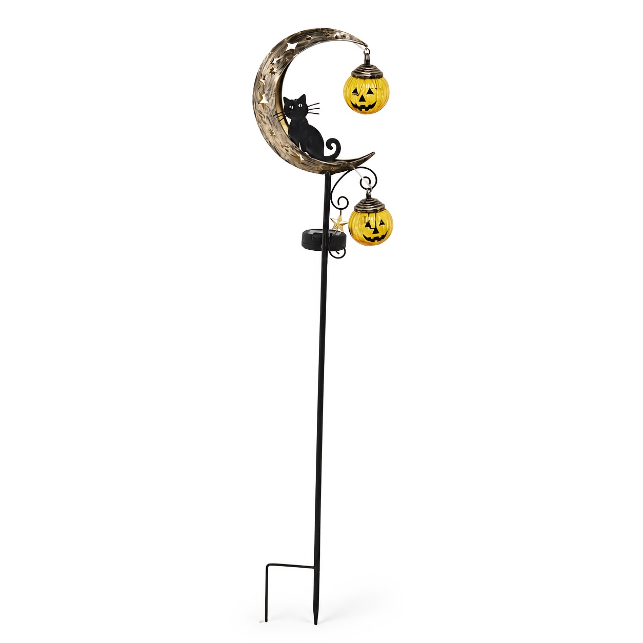 TEMU Halloween Solar-powered Garden Stake Light, Metal Sculpture With Sitting Black Cat, Bats, And Star Decorations, Hanging Led Pumpkin Lantern,
